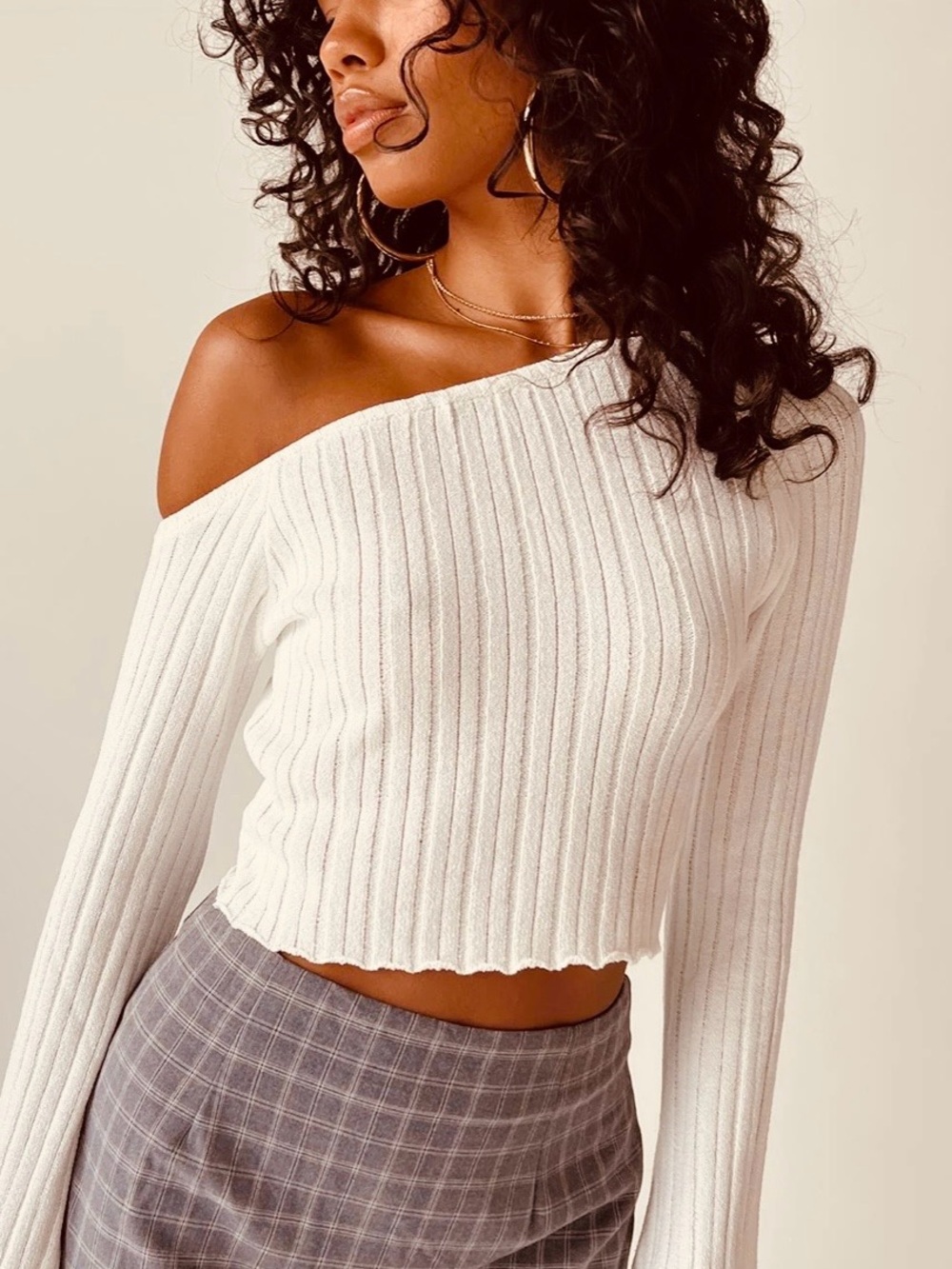 Princess Polly Santorini Asymmetric Ribbed Crop Bell Long Sleeve Sweater